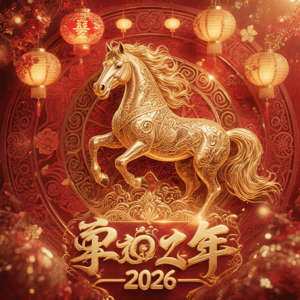 AI generated: A luxurious Chinese New Year greeting card for the Year of the Horse 2026, elegant golden horse illu...