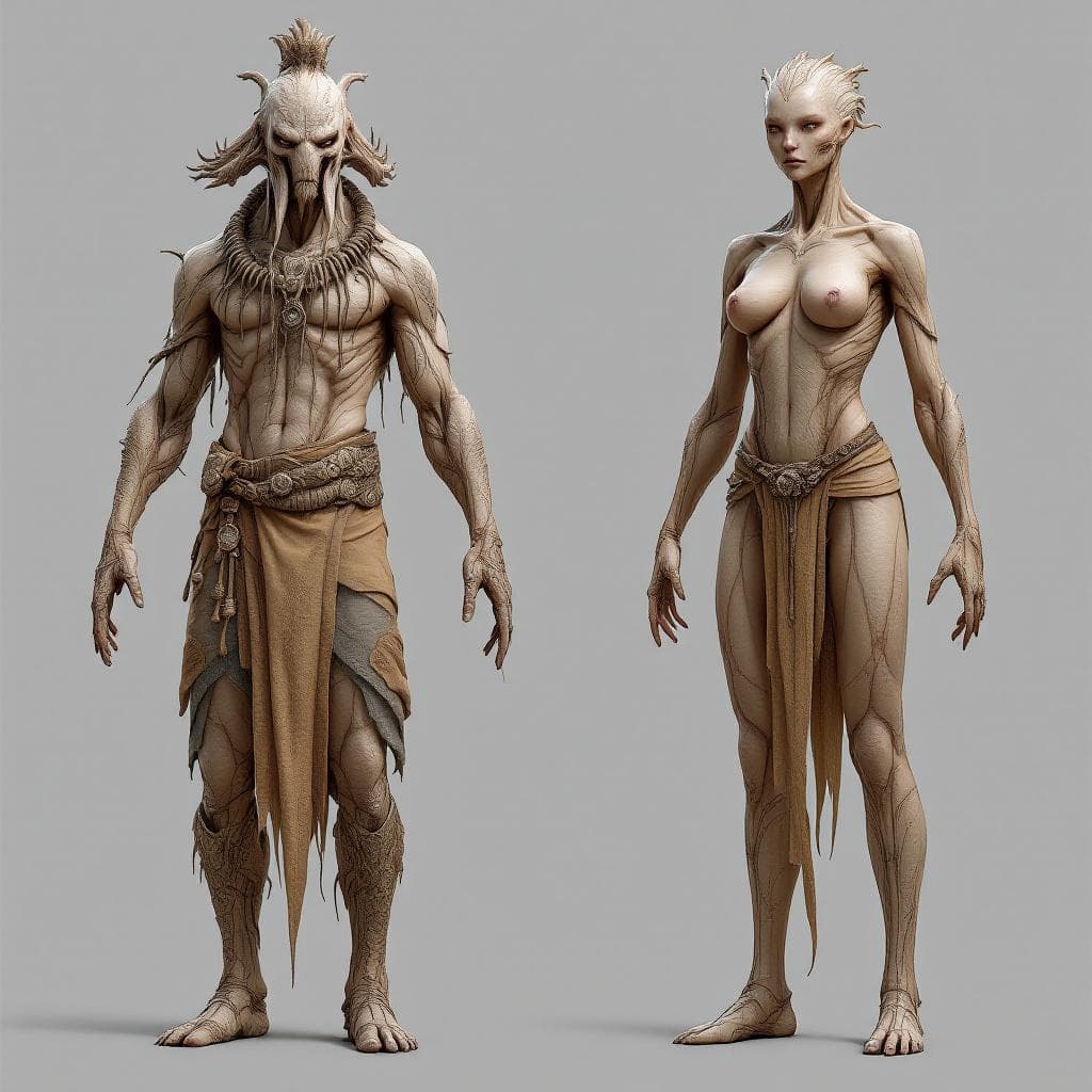 AI generated: Create unique, fleshly, organic, human-like species, Male and Female, that match this description. M...
