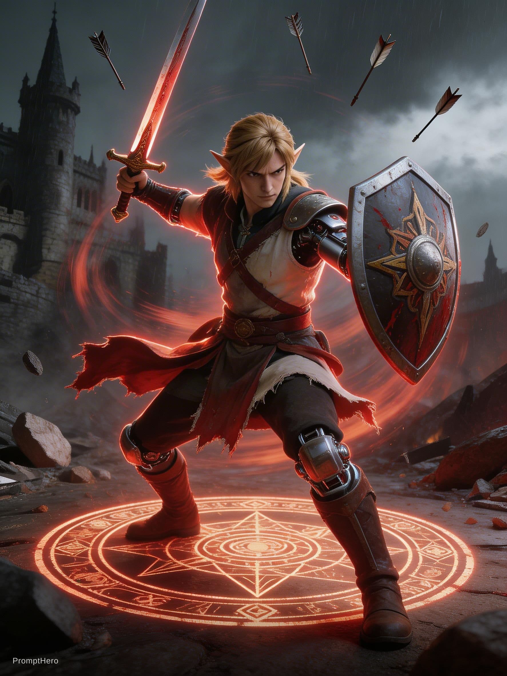 AI generated: CarnageStyle:blood_red:1.3 adult Link from Zelda, with aura around, agressively spinning around in c...