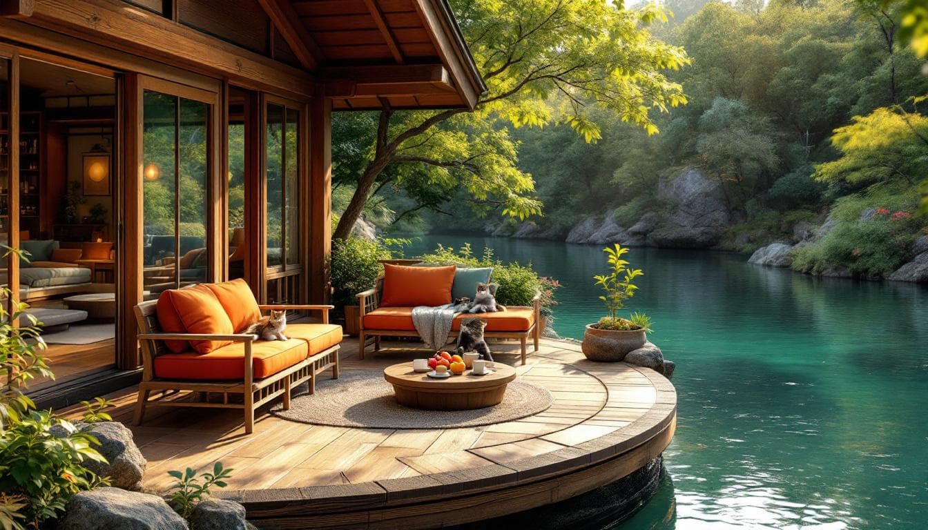 AI generated: Wooden cabin patio overlooking tranquil river.  Rustic wooden cabin with large windows showcasing a ...