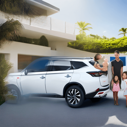 AI generated: wide shot photography of a family made from a father mother and daughter and son walking around a 20...