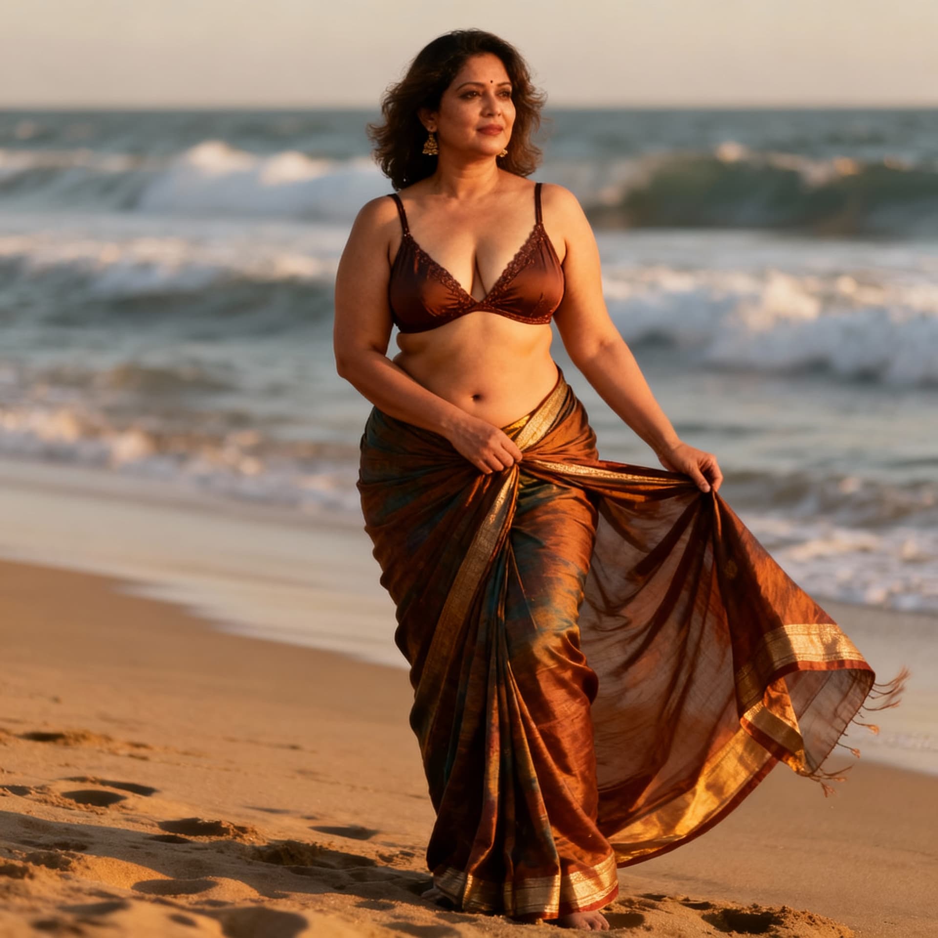 AI generated: prompt women 35 yrs curvy hour glass wearing deep neck bra law waist saree managing  herself and  ne...