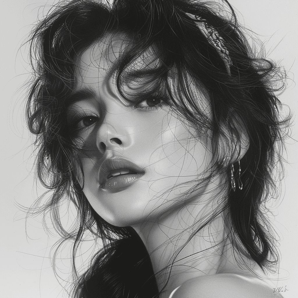 AI generated: a beautiful drawing of a girl in black and white, in the style of gongbi, dark silver and light pink...