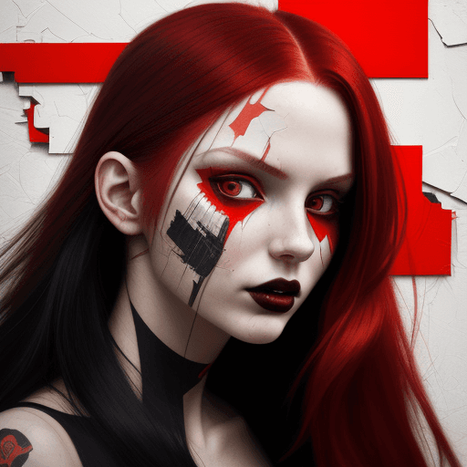 AI generated: woman with bright red long hair, layered collage style, edgy street art, portrait, cardboard, fragme...