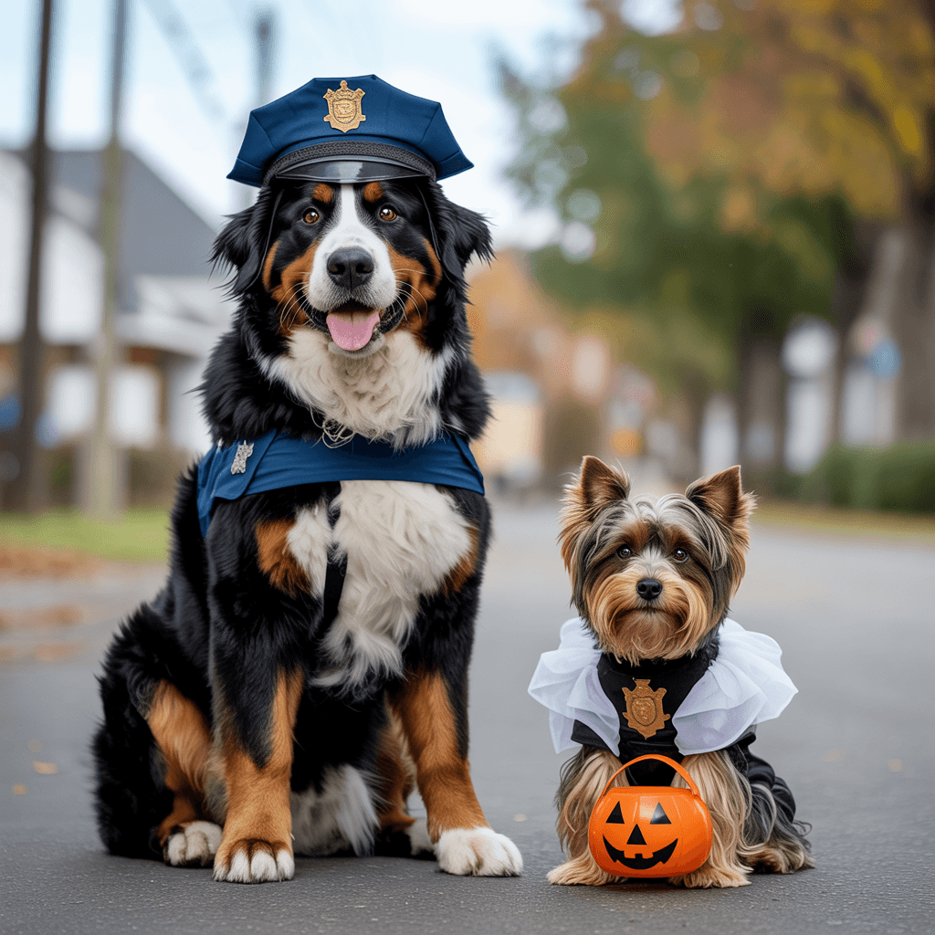AI generated: Create a highly detailed photograph of a much bigger Bernese Mountain Dog and a Yorkshire terrier dr...
