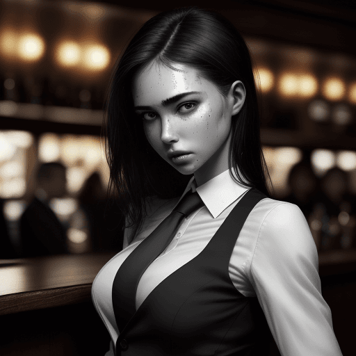 AI generated: Beautiful girl, standing in a bar with men in suits, beautiful face, perfect face, skin pores, intri...