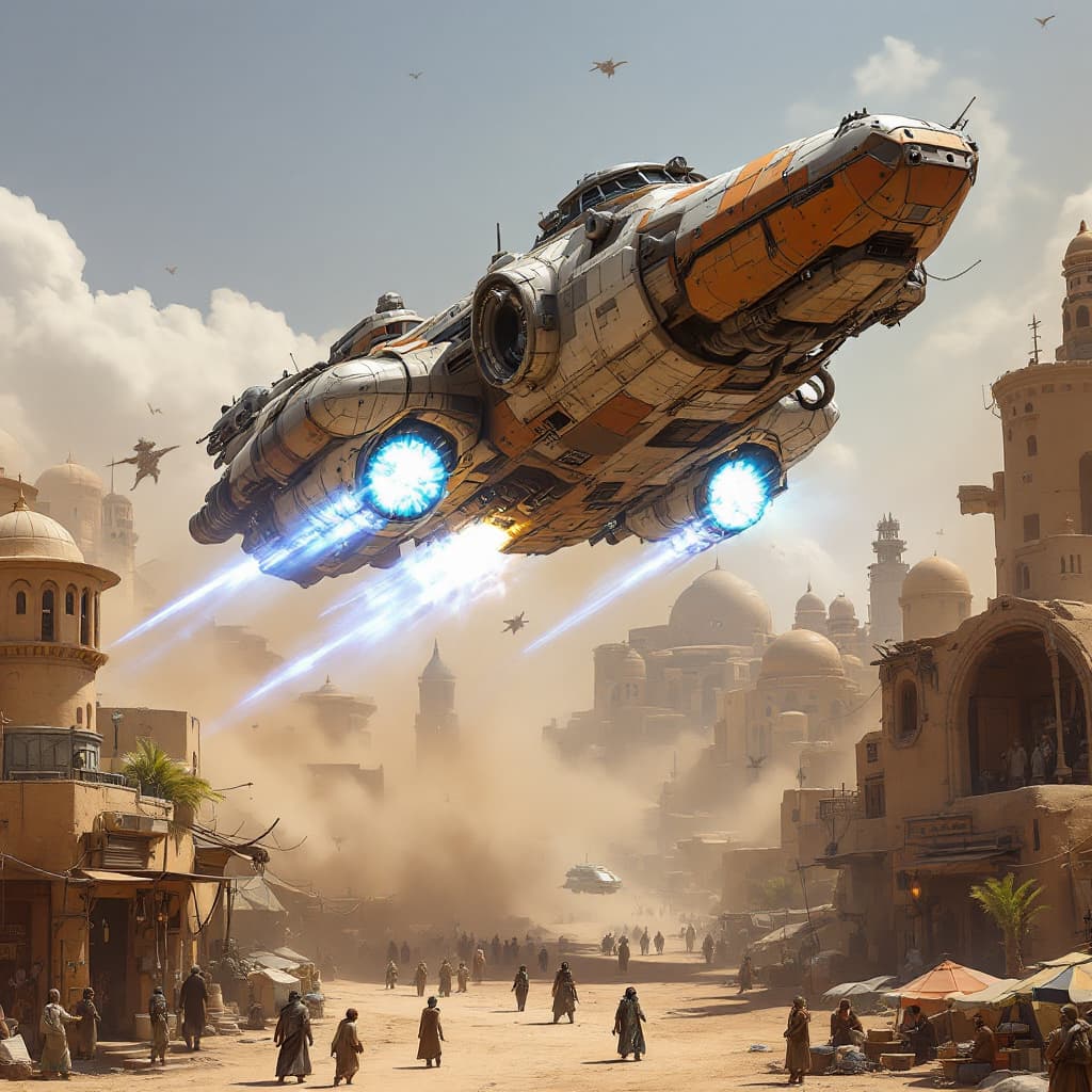AI generated: "A hyper-detailed scene of a rugged, Star Wars-style spaceship taking off from the bustling, gritty ...