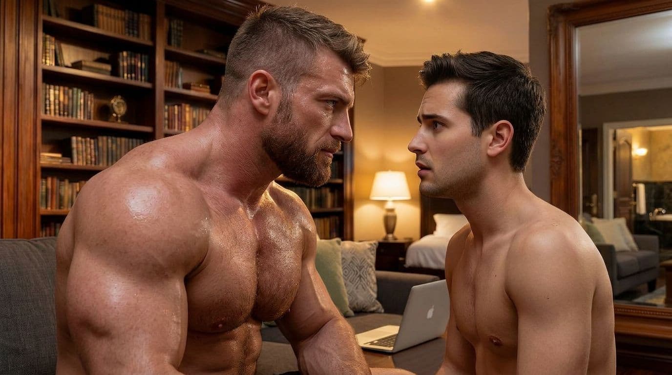 AI generated: The scene is on the couch in the bedroom.
The bodybuilder is shirtless. 

The  bodybuilder is tall, ...