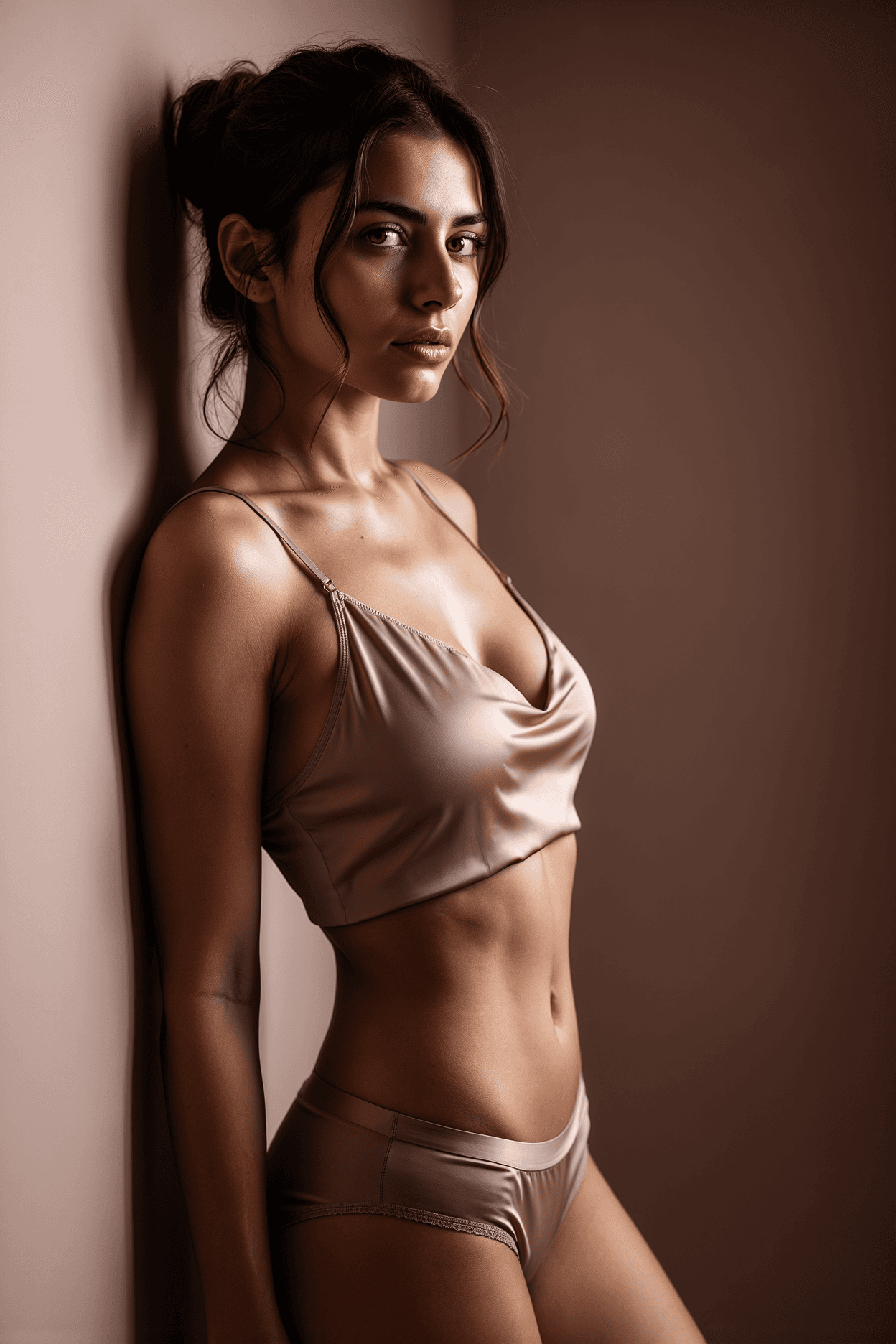 AI generated: A stylish woman in her late twenties with fair skin and expressive hazel eyes, leaning casually agai...