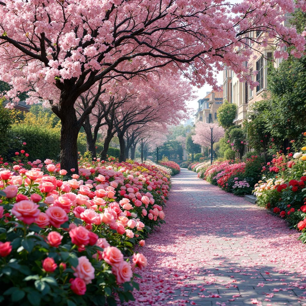 AI generated: A bed full  of roses  under a cherry blossom  tree in a  street full of different types of flowers 