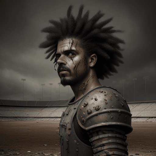 AI generated: A portrait of a post-apocalyptic Pibe Valderrama with battle scars, colombian armor, and football, s...