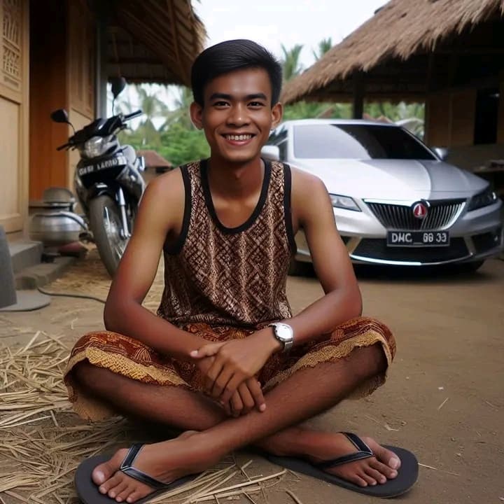 AI generated: real Indonesian man, not fat, very simple clothes, footwear, flip flops, sitting on the dirt floor, ...