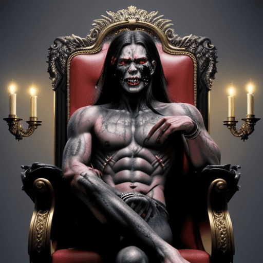 AI generated: a half-demon, half-human man sitting on his throne in a hellish place