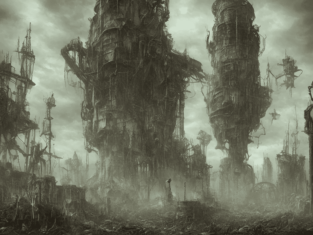 AI generated: ghoul in a post apocalipse landscape. steampunk style. hyper realistic
