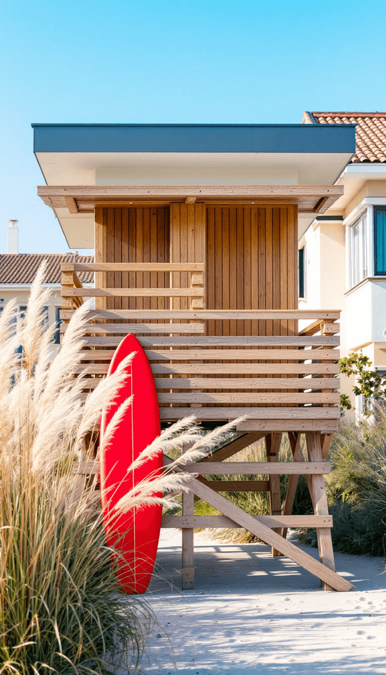 AI generated: A vertical composition of a stylish beachside lifeguard post, constructed with wooden slats in a min...