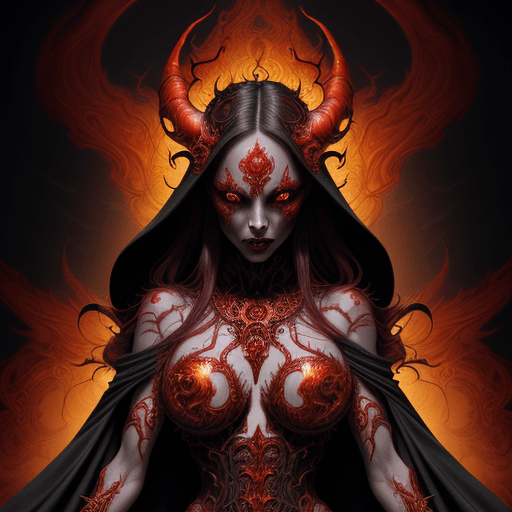 AI generated: a stunning interpretation of an evil devil girl wearing a cloak of flames, highly detailed and intri...