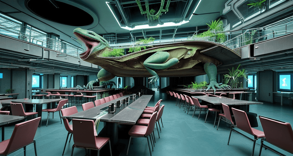 AI generated: Futuristic CyberPunk eye level interior photo of a dining hall area in a science station with humans...