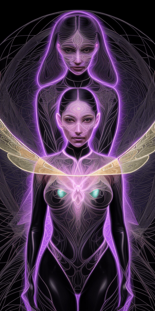 AI generated: portrait forming silhouette of a captivating woman, dynamic holographic lines and patterns resemblin...