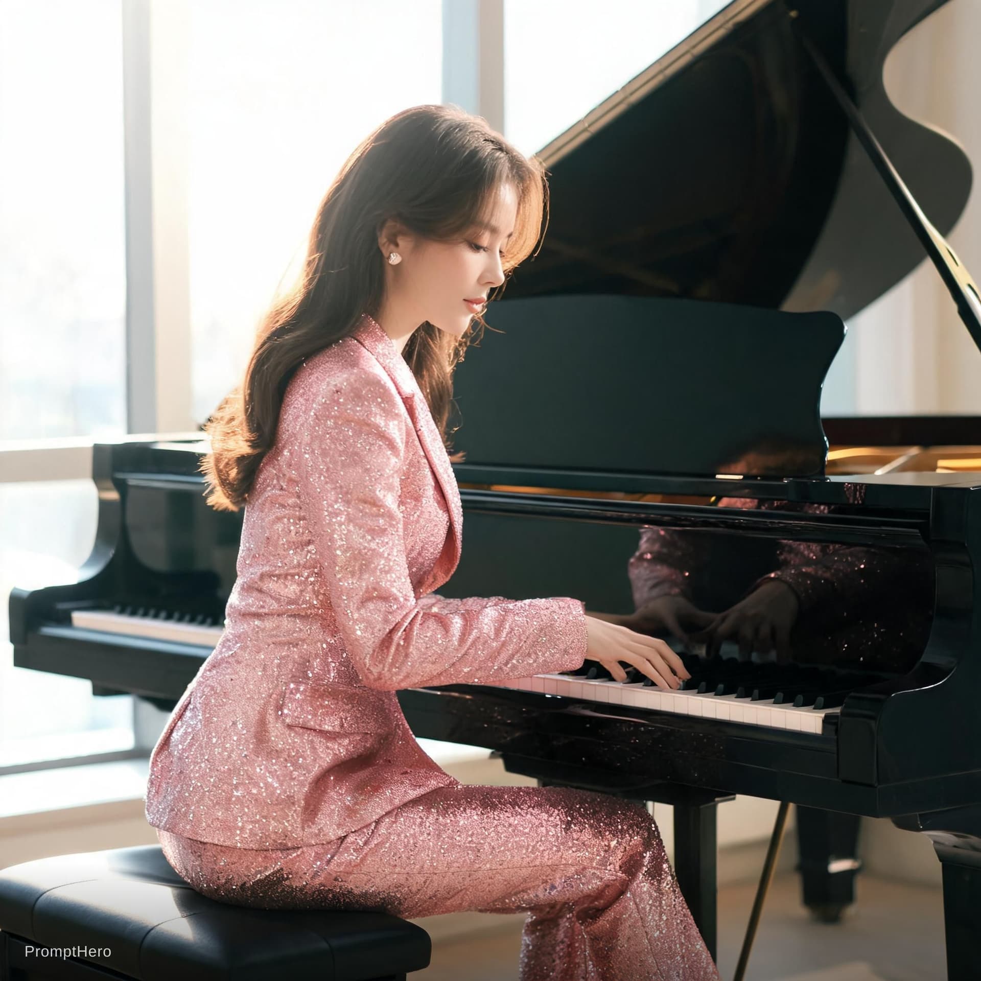 AI generated: She sits on a sleek, black piano bench, her body turned slightly to the side, showcasing the dramati...