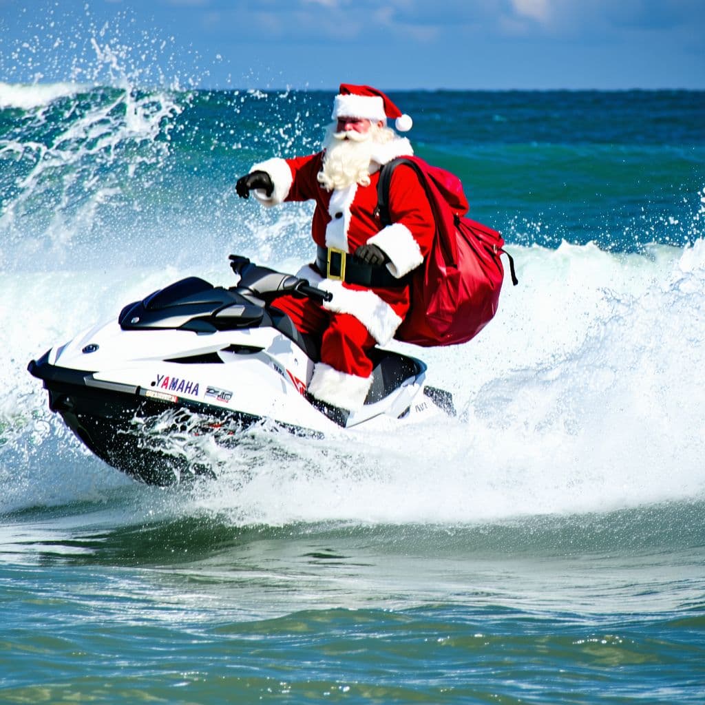 AI generated: santa claus riding a yamaha jetski with a red sack over his shoulder riding a huge wave