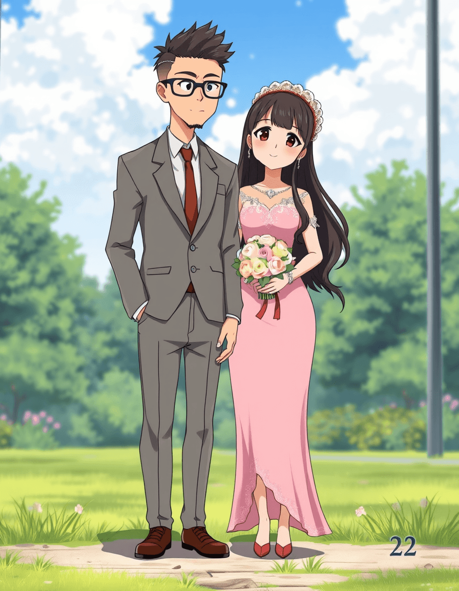 AI generated: An anime-style medium shot of a couple standing outside. The boy, aged 22, is wearing a grey busines...