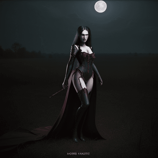 AI generated: Hyper realistic full body portrait of a lady vampiress hunting at night through the fields, high det...
