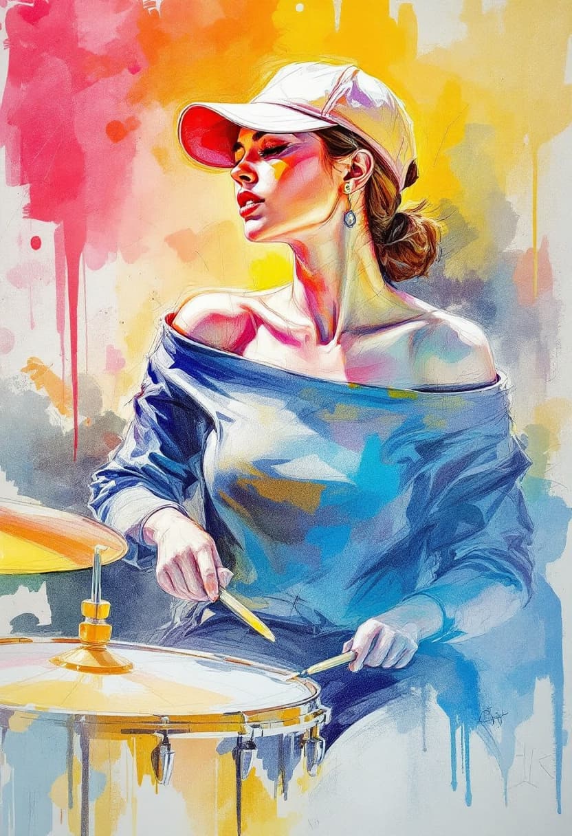 AI generated: Sketch Art, Beautiful Colored Pencil Line, Artistic Brush Strokes, Beautiful, Woman in Cap Playing D...