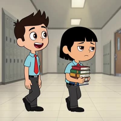 AI generated video: “Two school boys walking slowly through a school hallway together in a smooth 2D cartoon animation. ...