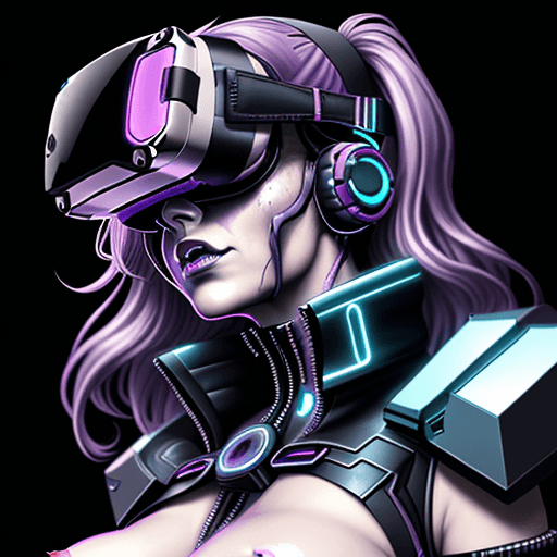 AI generated: A cyber punk woman bust facing forwards with a vr headset on with a crazy look and slightly wavy hai...