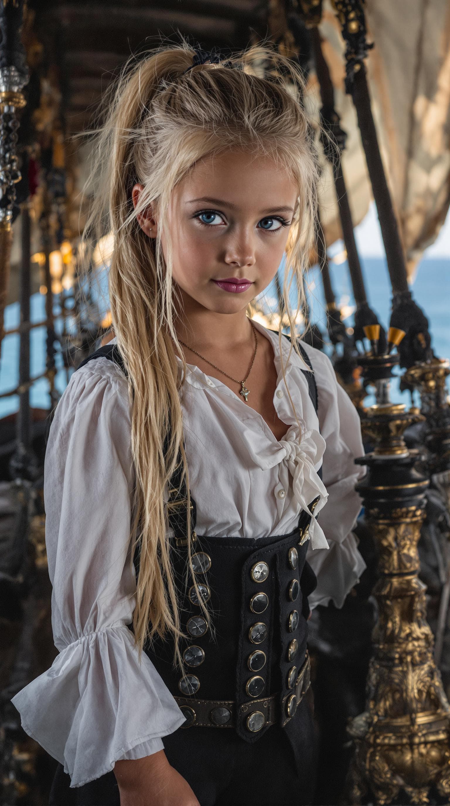 AI generated: a professional photo of a exceptionally beautiful girl aboard pirate ship at sea (age 7), (seven yea...