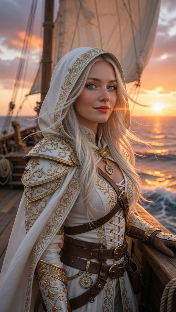 AI generated: "A stunning portrait of a beautiful young woman with long flowing platinum-white hair and striking b...