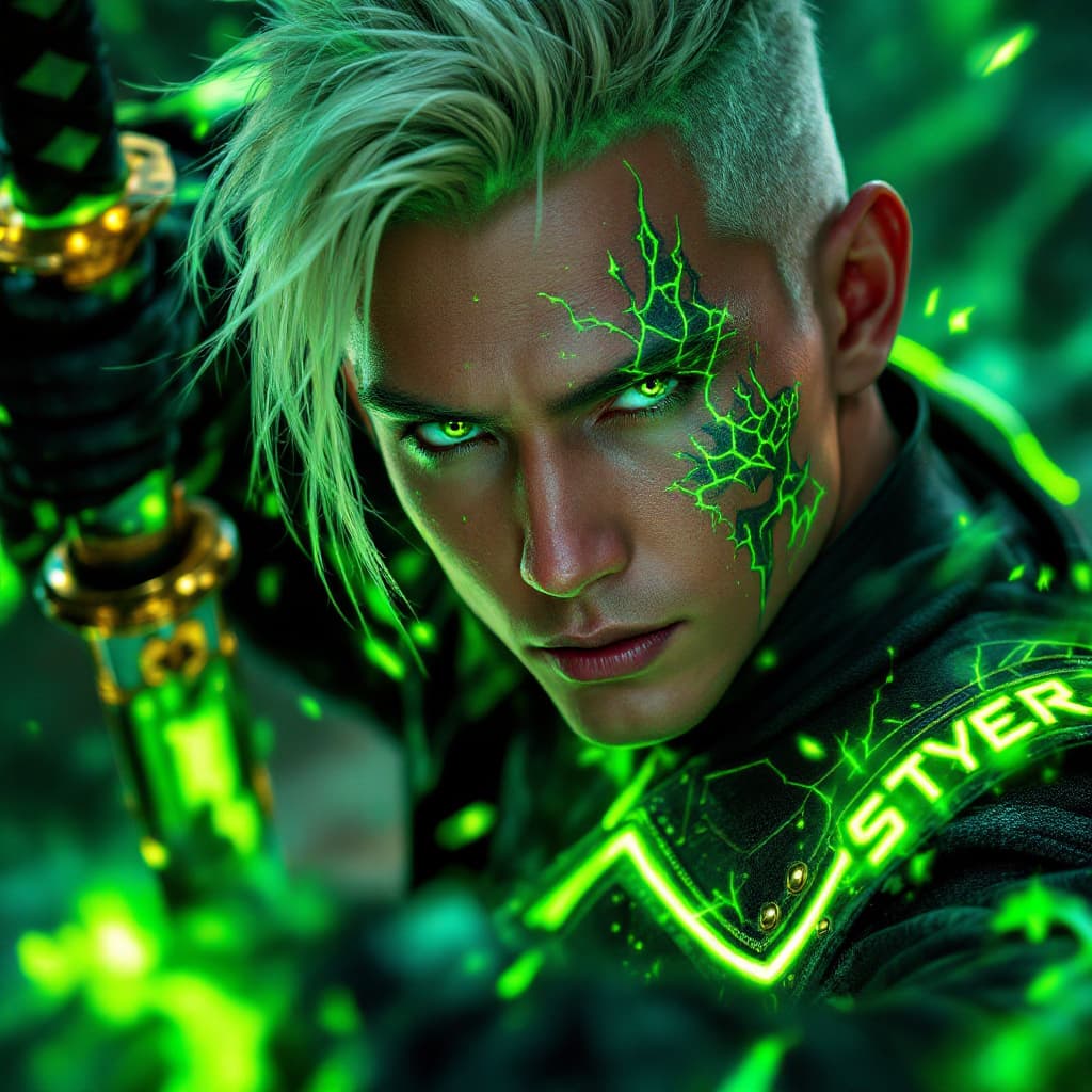 AI generated: Editorial Vivienne Tam photography of lloyd garmadon with neon green and gold accents on his suit an...