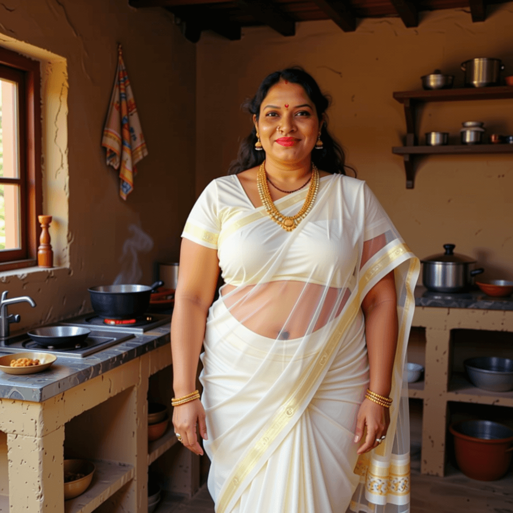 AI generated: AN indian 30 year chubby fair ,drop saree ,open naval, big chest
  village kitchen  with transparent...