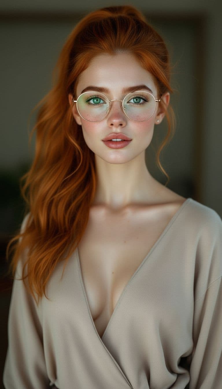 AI generated: A 29-year-old woman with fiery ginger hair in a ponytail, bright green eyes behind thin stylish glas...