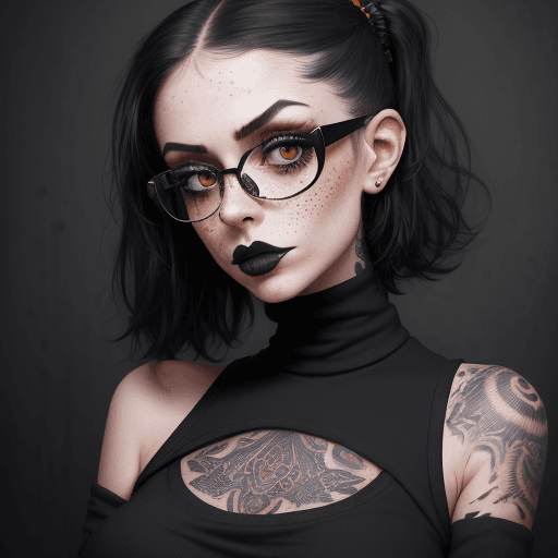 AI generated: professional portrait, goth girl, a girl wearing eye glasses low cut orange top, gorgeous full figur...