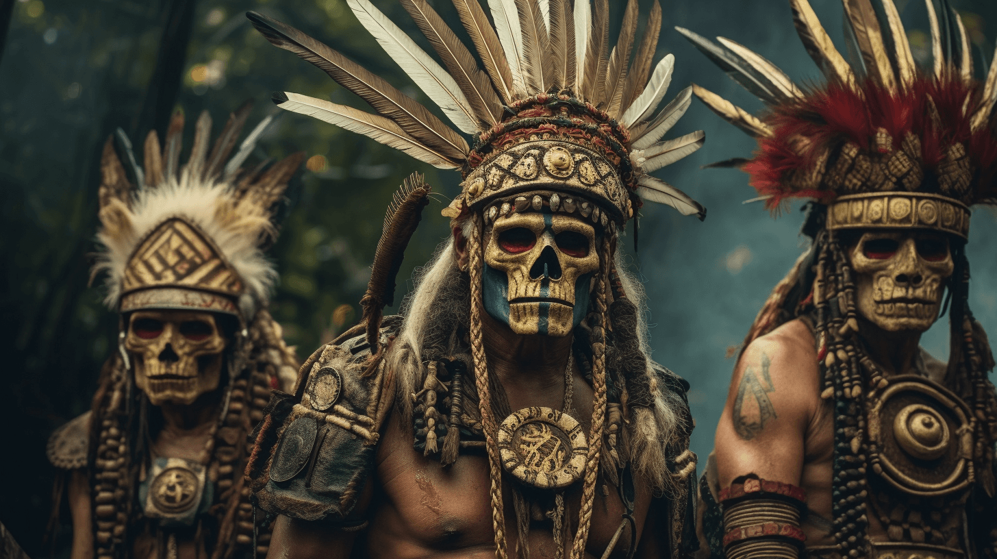 AI generated: Inka's warriors with a war make up, full body, ultra realistic, decorated with decorative skulls and...