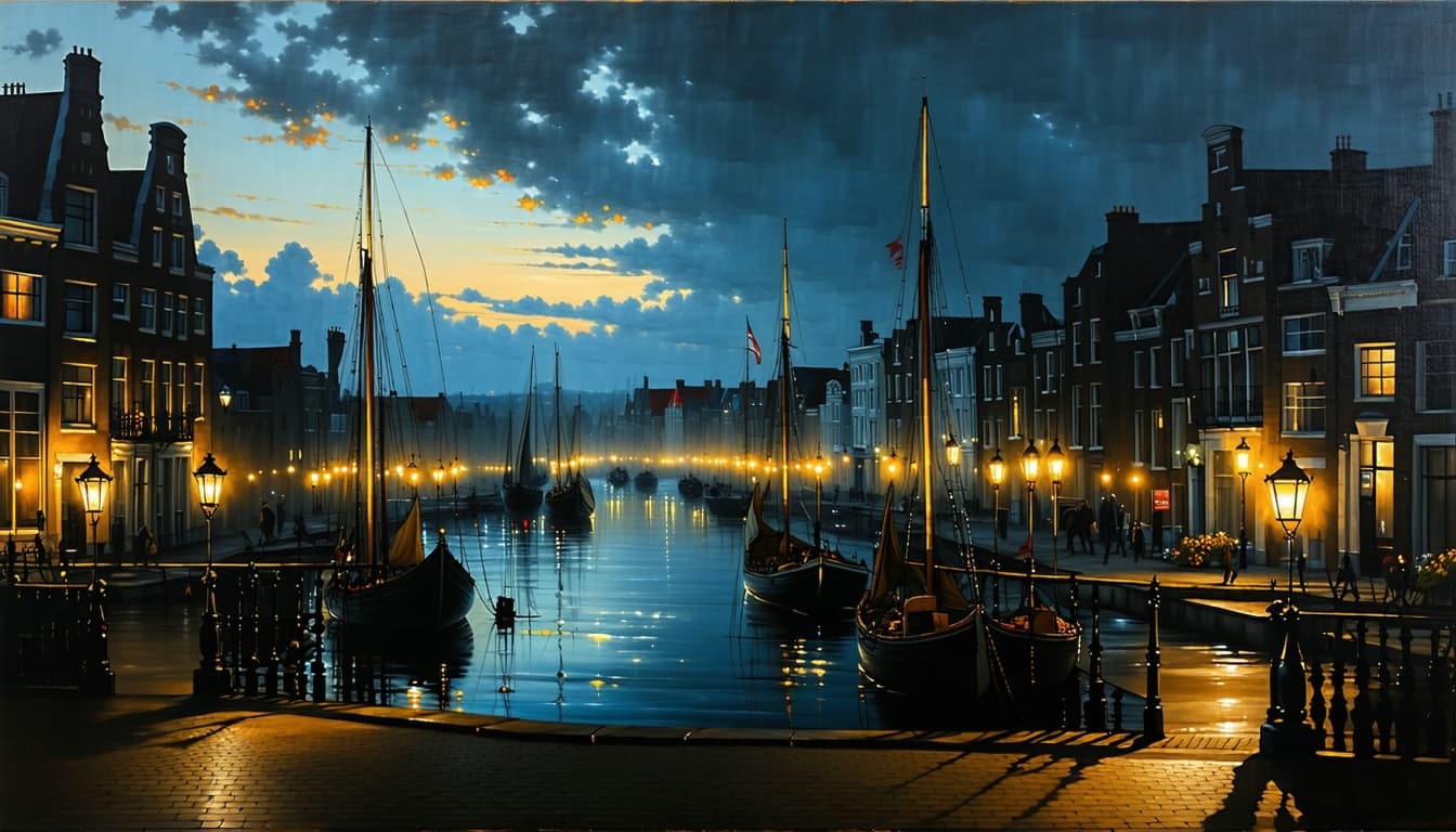 AI generated: Vermeer-inspired Dutch Realist painting of a serene, lantern-lit cityscape at dusk with soft, gentle...
