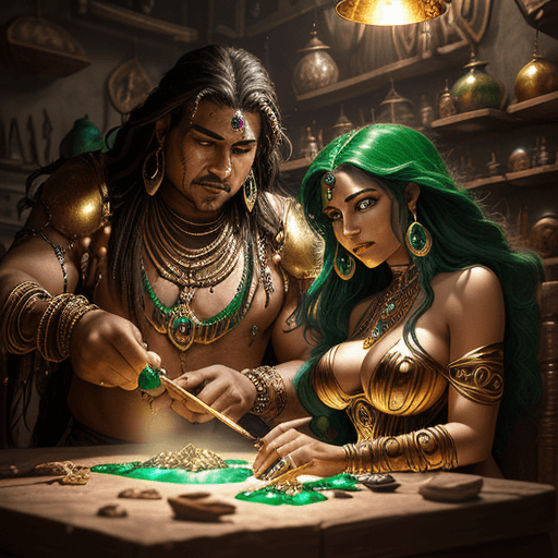 AI generated: detailed D&D fantasy art of colombian man and woman creating gold and emerald jewels, brown eyed, be...