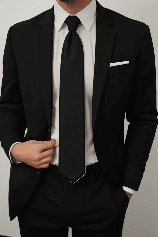 AI generated: black suit, black shirt, clack tie

