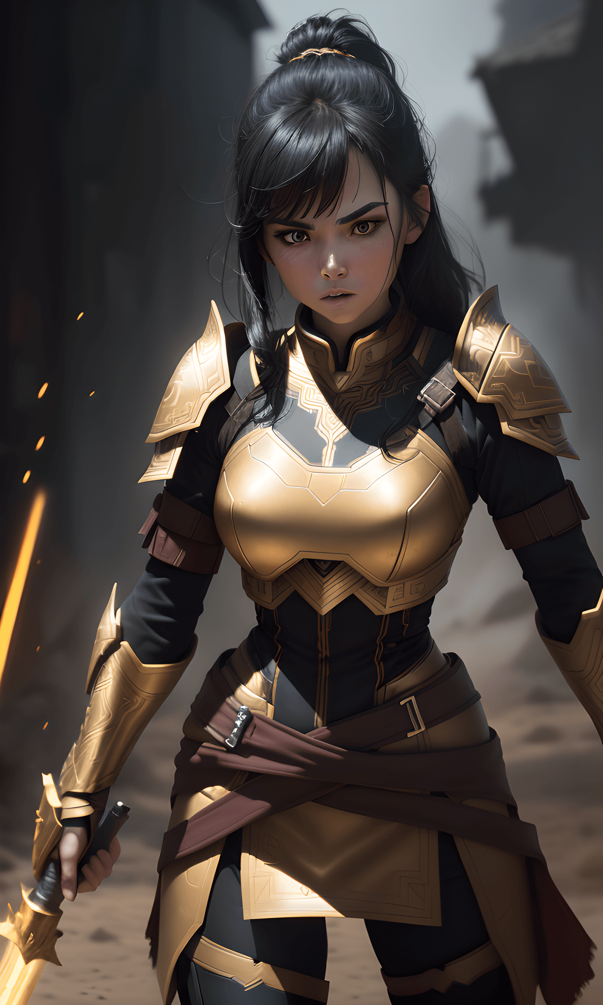 AI generated: raw photo of a female berserker, wearing gold and black armor, ((no helmet)), (((complicated pattern...
