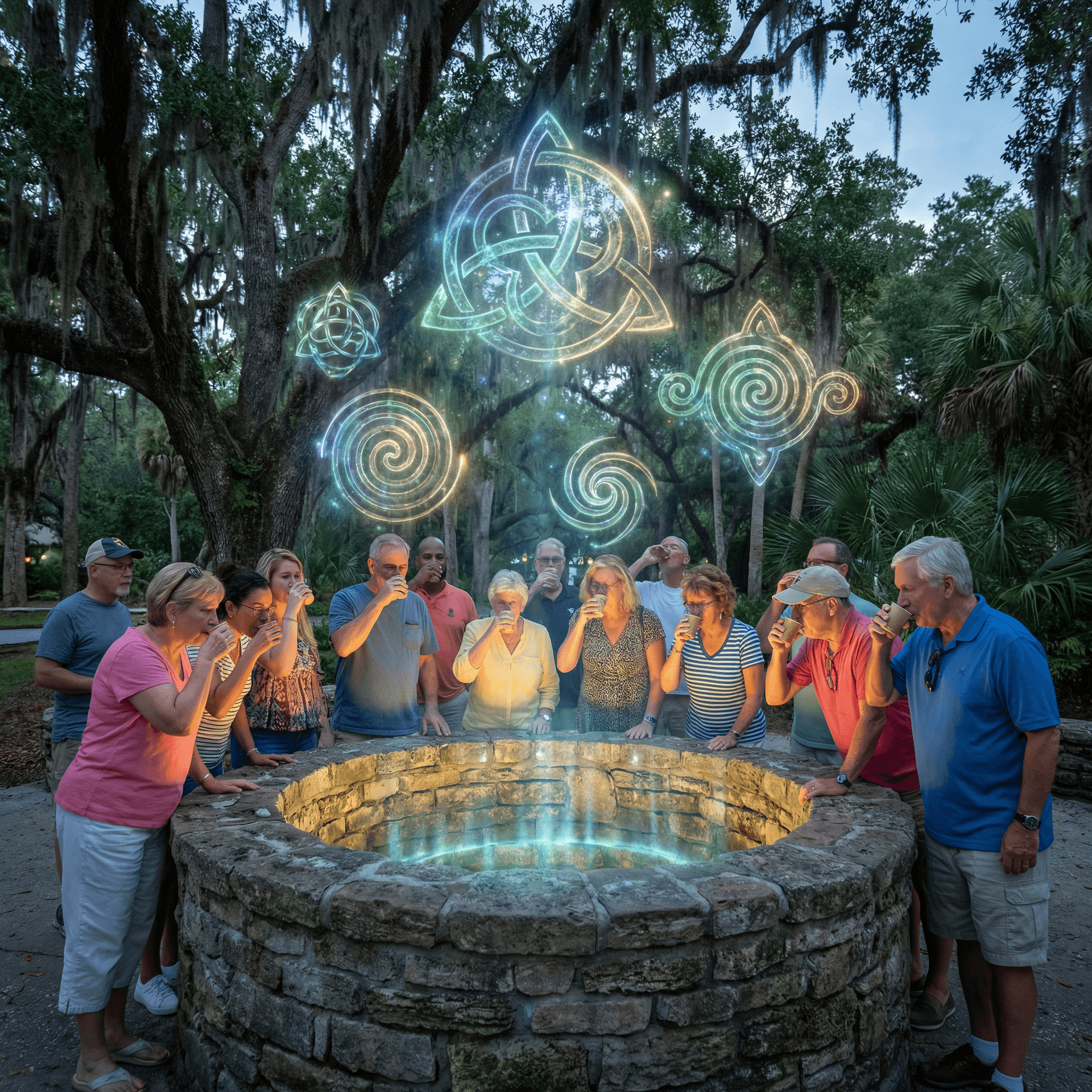 AI generated: the Fountain of Youth park in St. Augustine Florida, a stone well surrounded by tourists drinking wa...