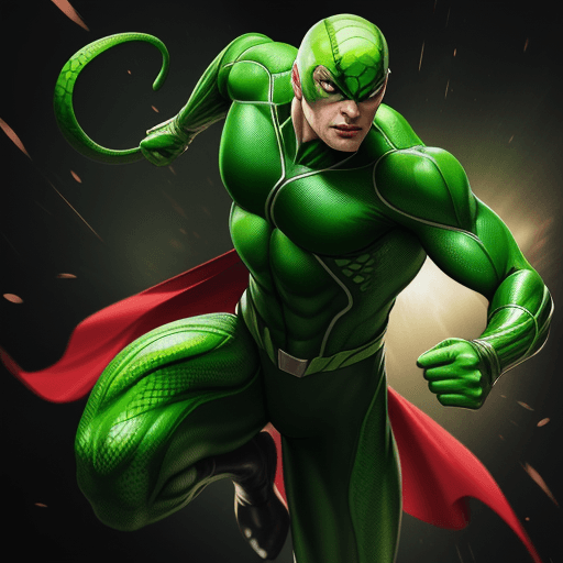 AI generated: male green snake superhero with red eyes running