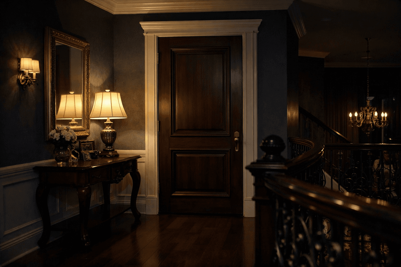 AI generated: At night at a beautiful and luxurious house, on the second floor.

The view is the outside of a bedr...