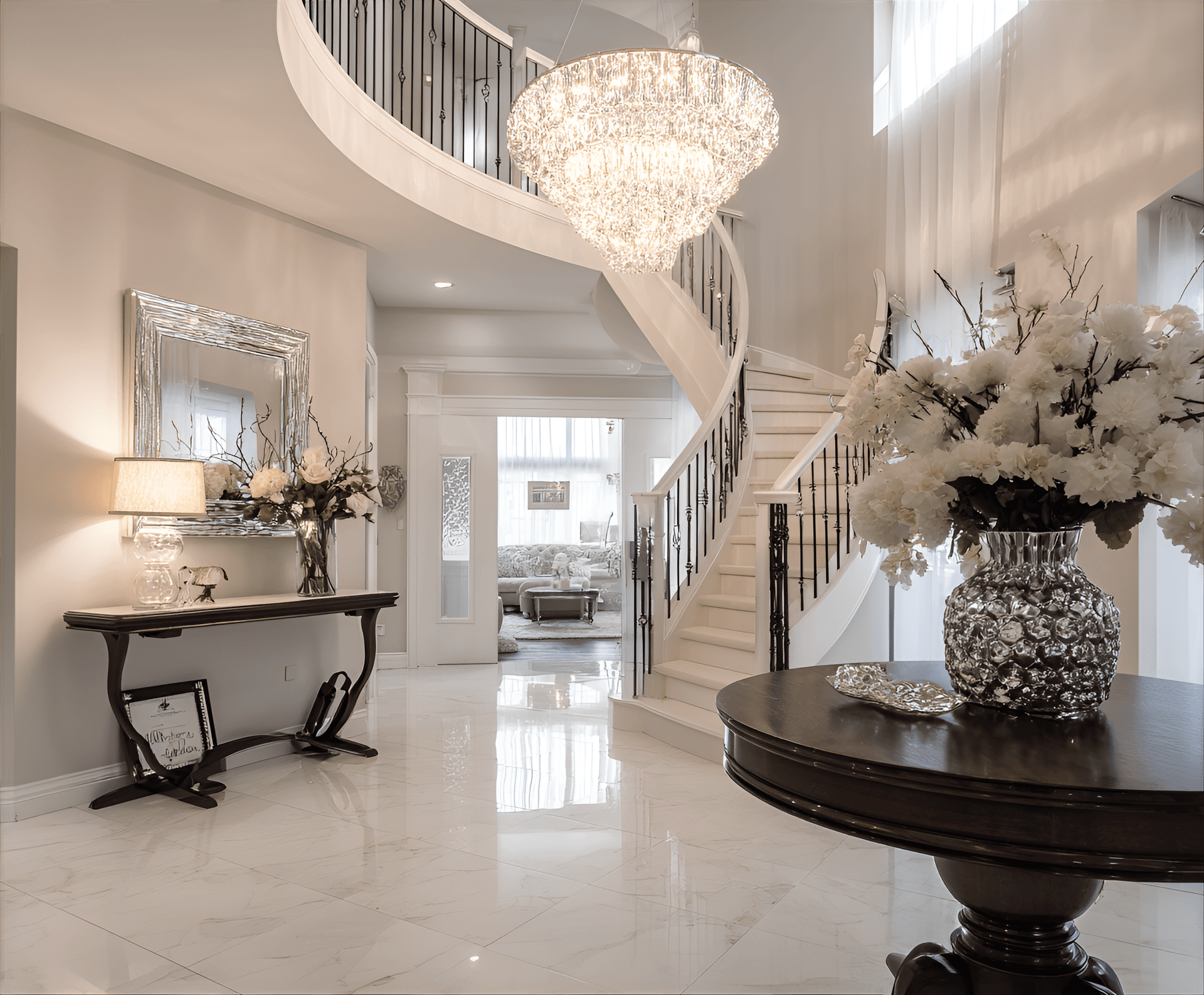 AI generated: photography, a modern foyer featuring a statement chandelier, an elegant staircase, and a console ta...