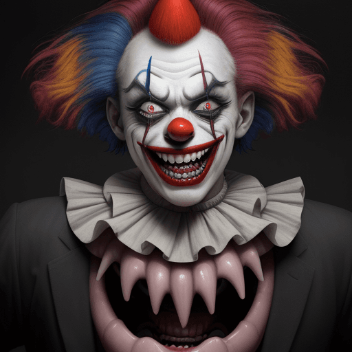AI generated: wide angle cinematic image of a grotesquely terrifying clown, every feature exudes horror amidst exa...