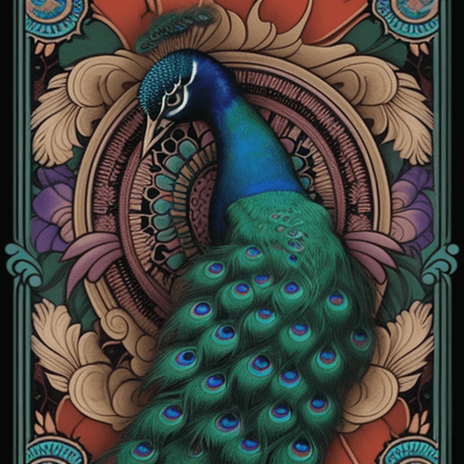 AI generated: Peacock on a playing card in the style of Mexican Loteria