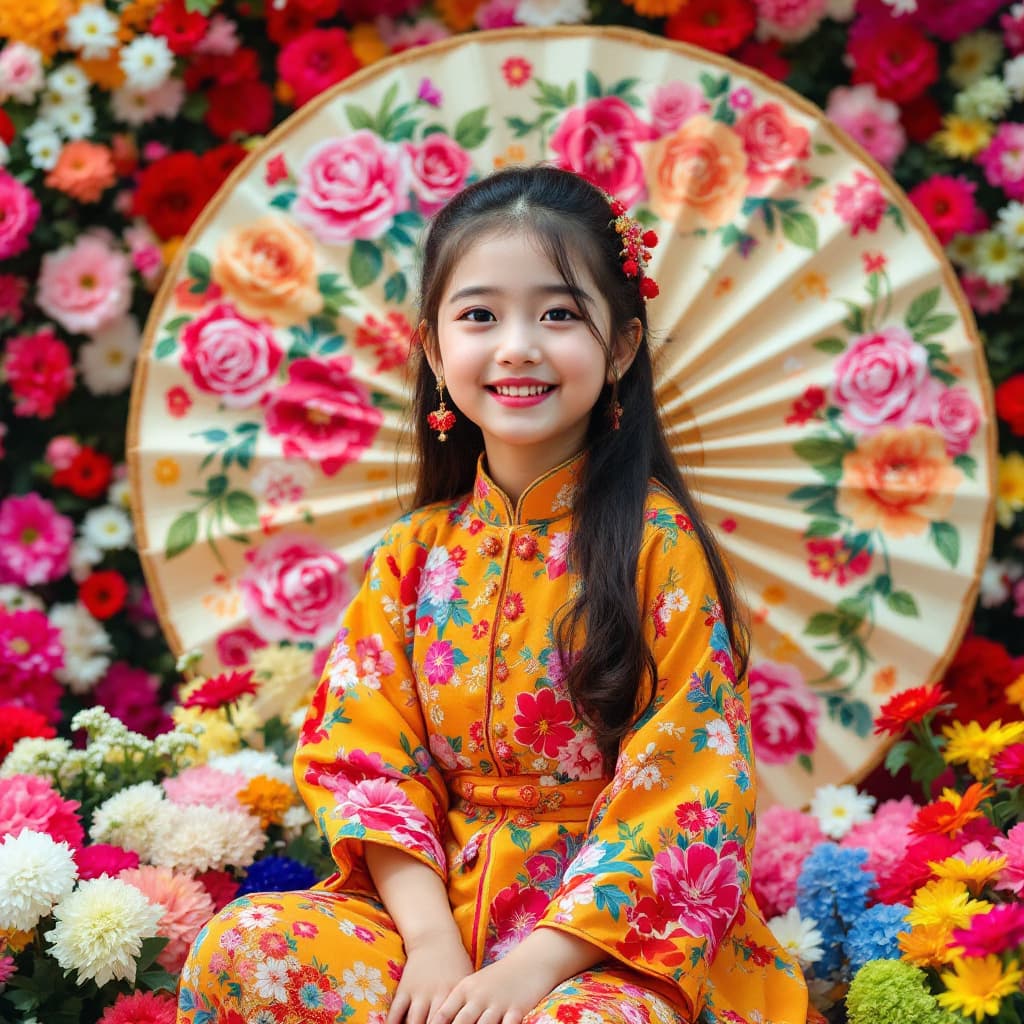 AI generated: A girl wearing a vibrant, traditional outfit with floral patterns, sitting in front of an oversized ...