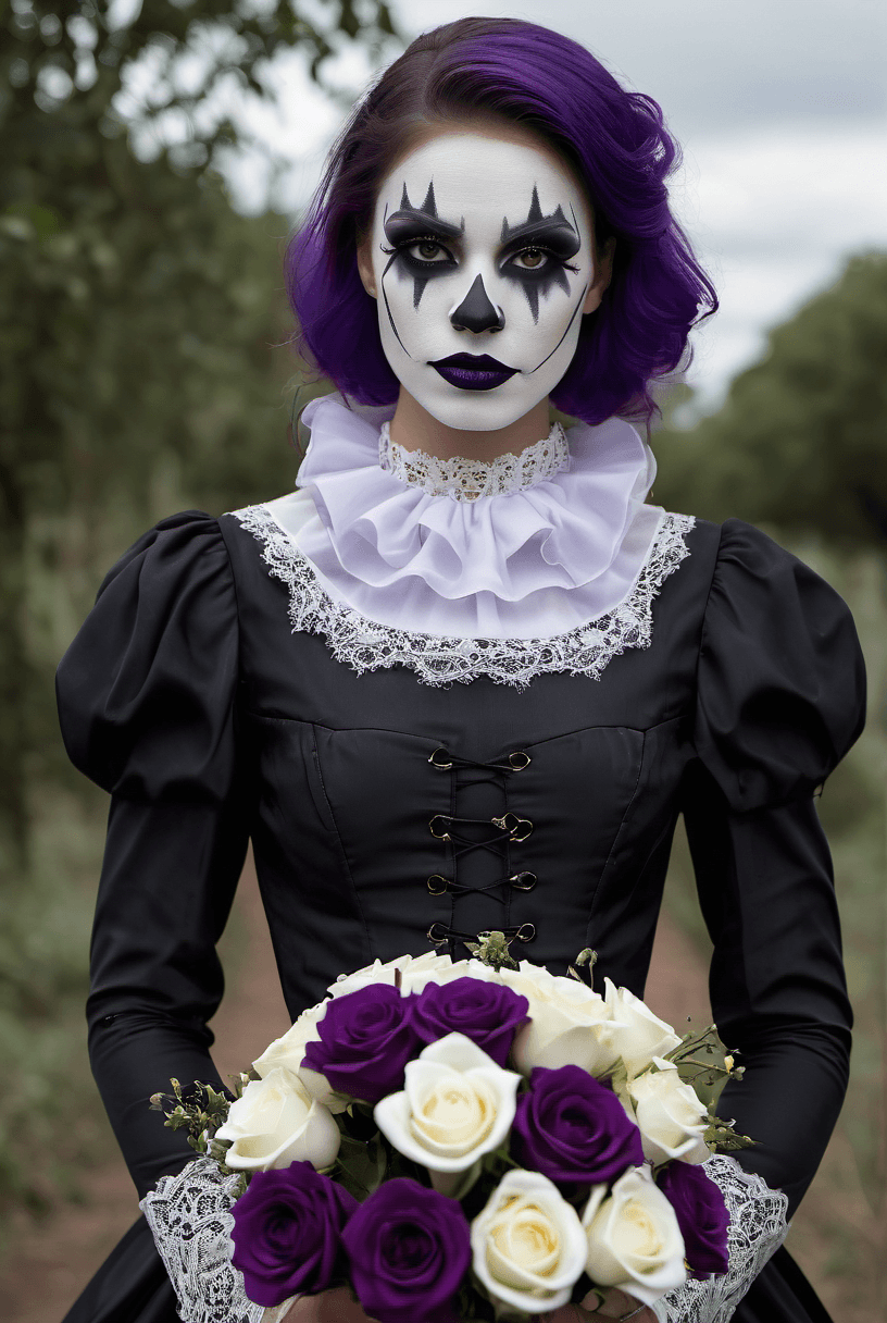 AI generated: A stunning 22 year old white woman holding a bouquet of dark purple roses with styled straight hair ...