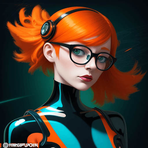 AI generated: a girl with orange hair dressed in glasses, in the style of futuristic digital art, flowerpunk, shin...