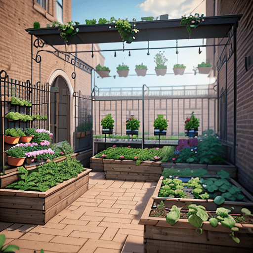 AI generated: SMALL VEGETABLE GARDEN ON THE BALCONY OF AN APARTMENT WITH BRICK FINISH AND PERGOLA Ultra realistic ...